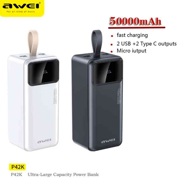 Awei P42K Power Bank 50000mAh Portable For iPhone14 13 12 pro Xiaomi 22.5W PD Fast Charger